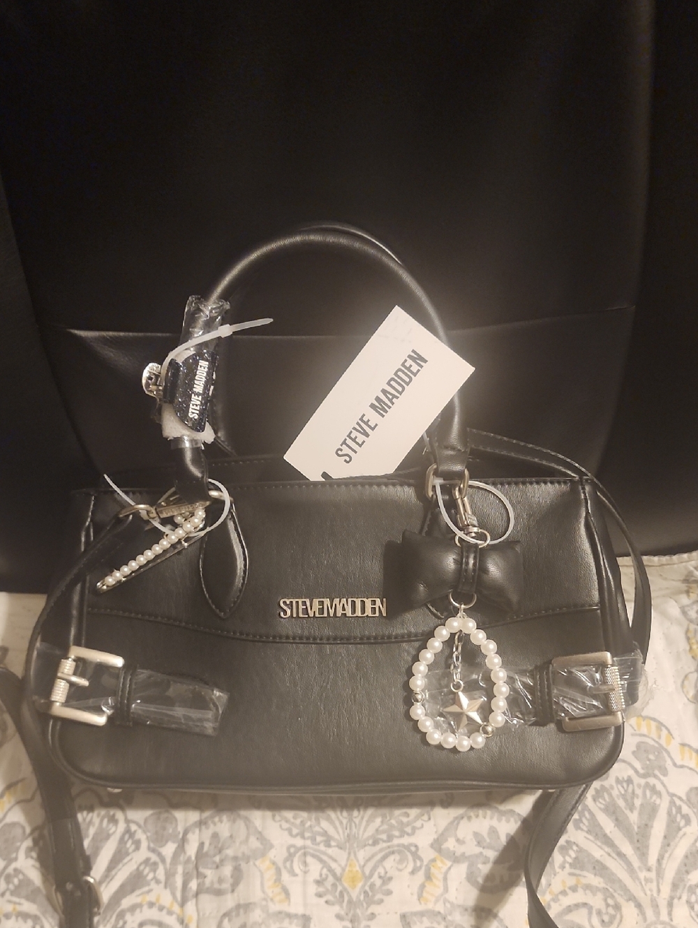 Steve Madden Black Satchel with Pearl Dangle and Bow Charm